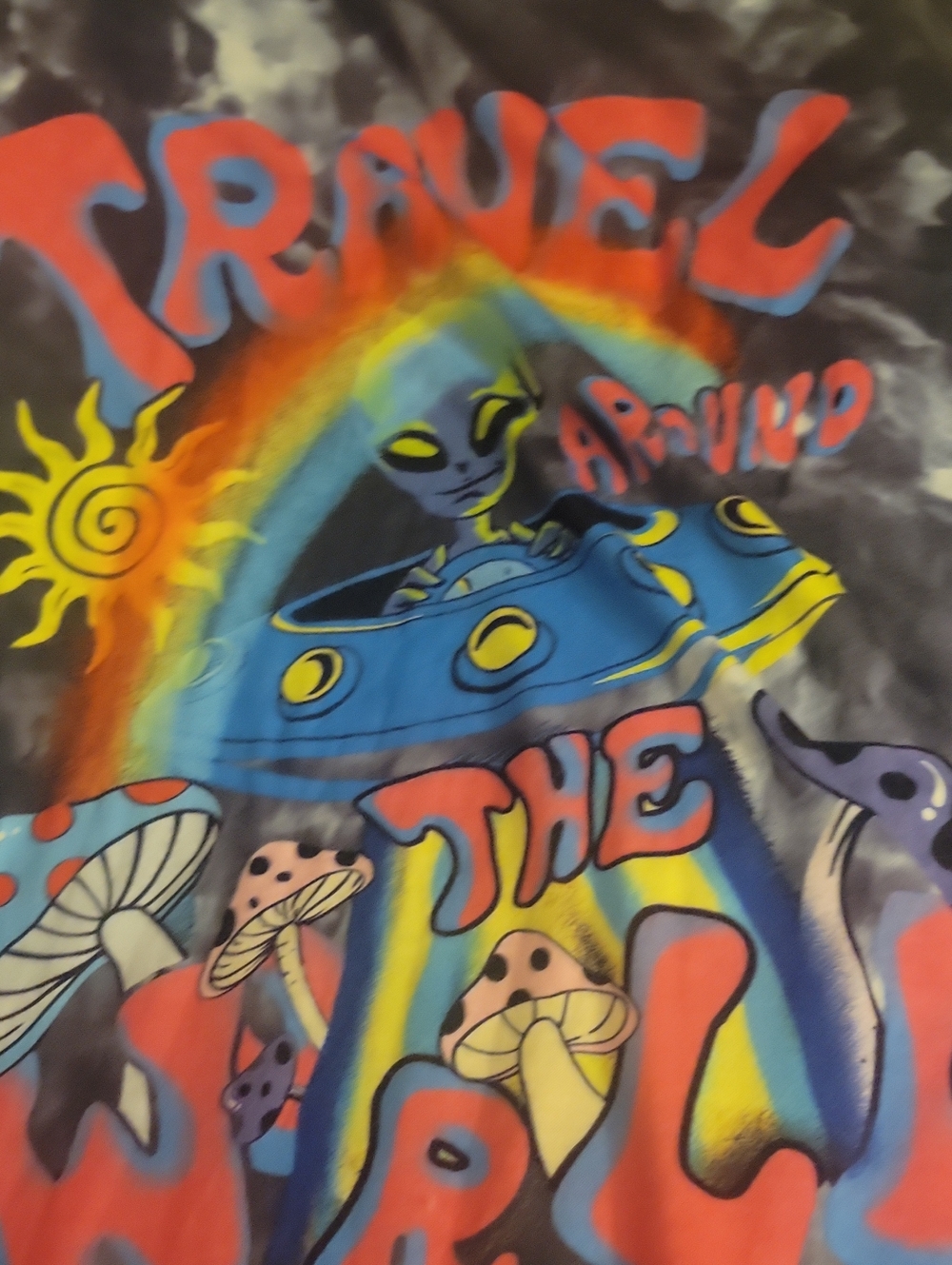 SHEIN Dark Grey Tie-Dye Tee with Blue Alien & Rainbow Graphic